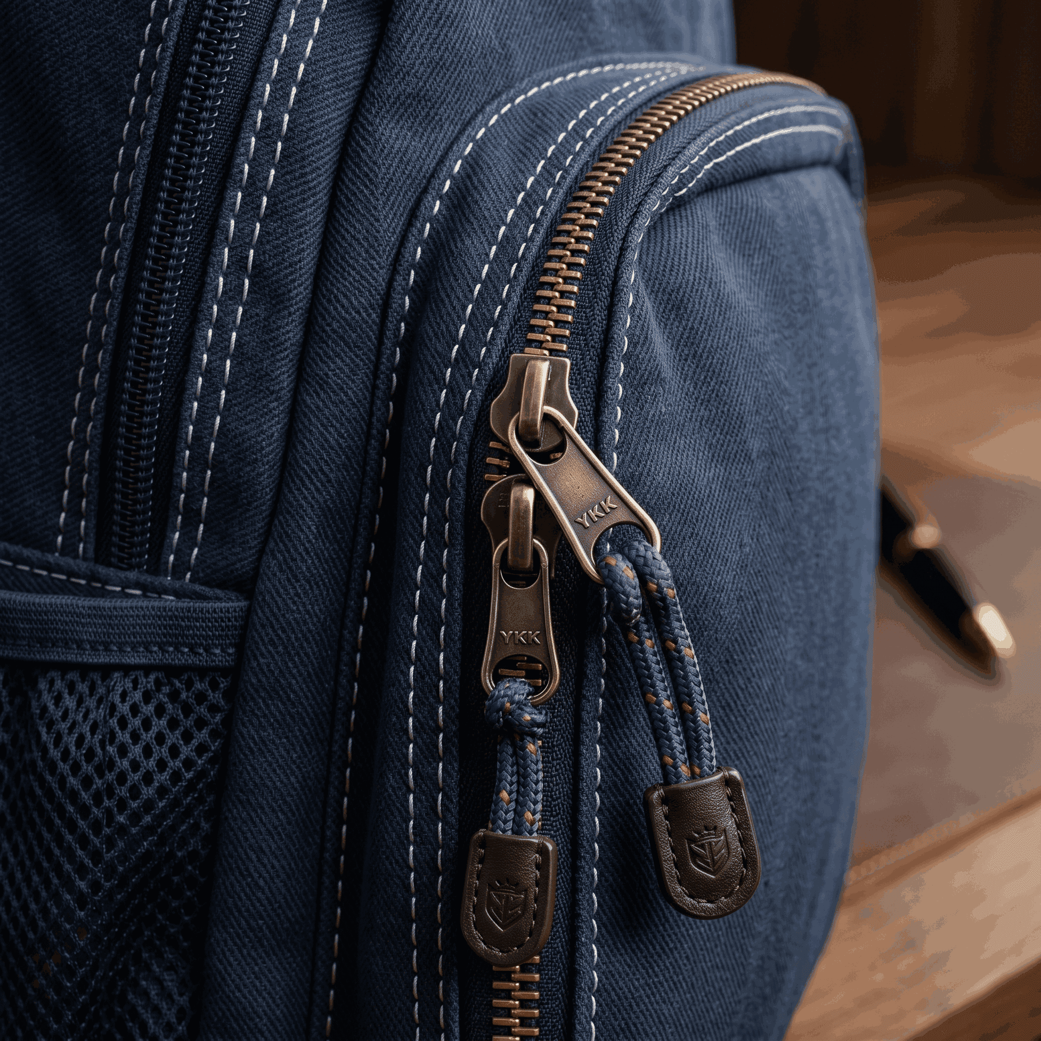 Dual bronze-toned zipper pulls on canvas fabric